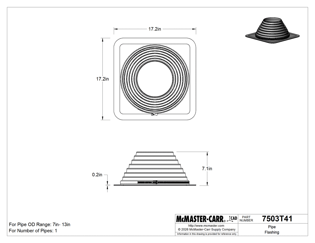Technical Drawing of Pipe Flashing, for Corrugated-Metal Roofs, 7 to 13" OD, Silicone Cap.
